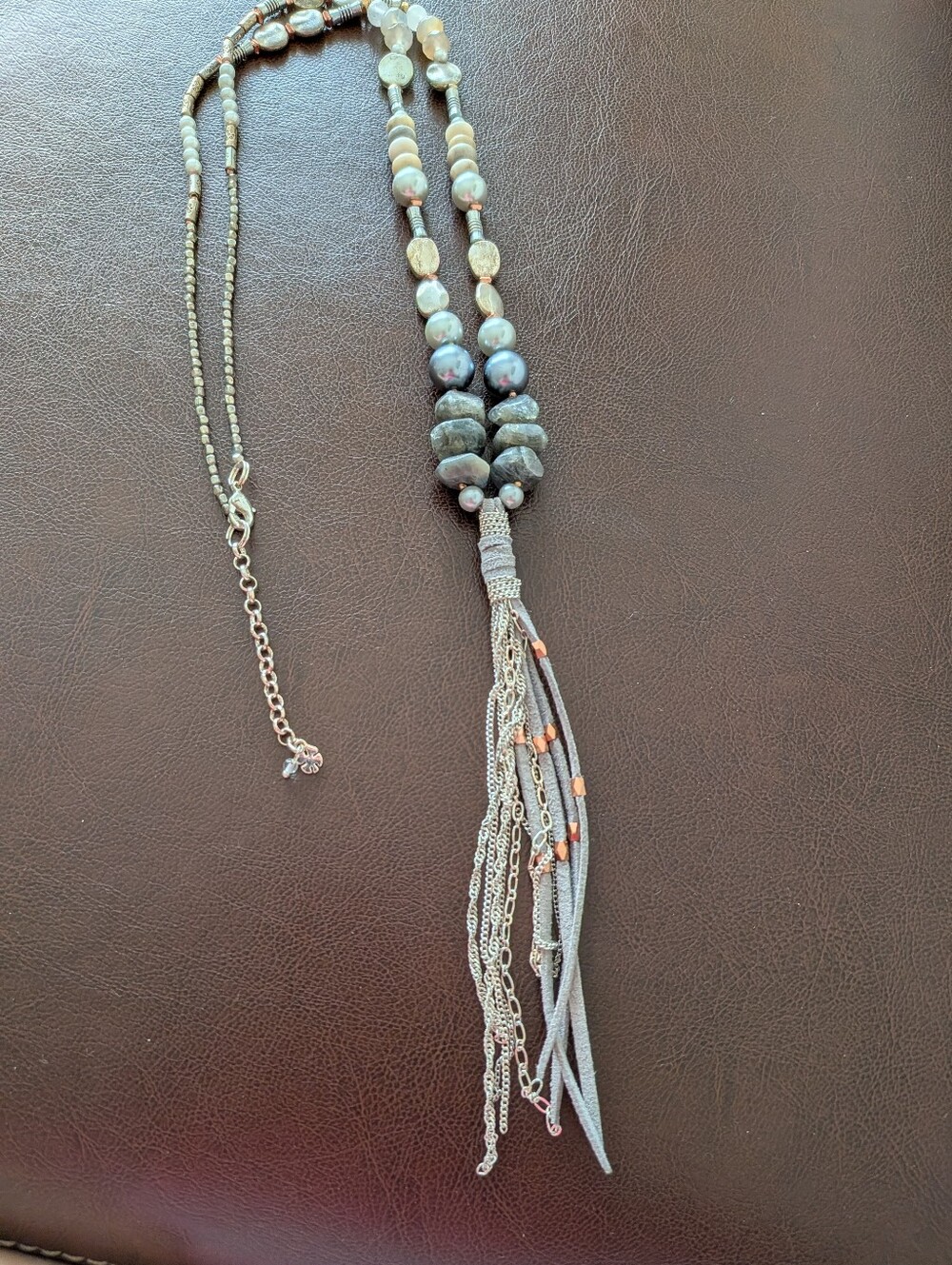 Multi Beaded Tassel Necklace With Suede Fringe
